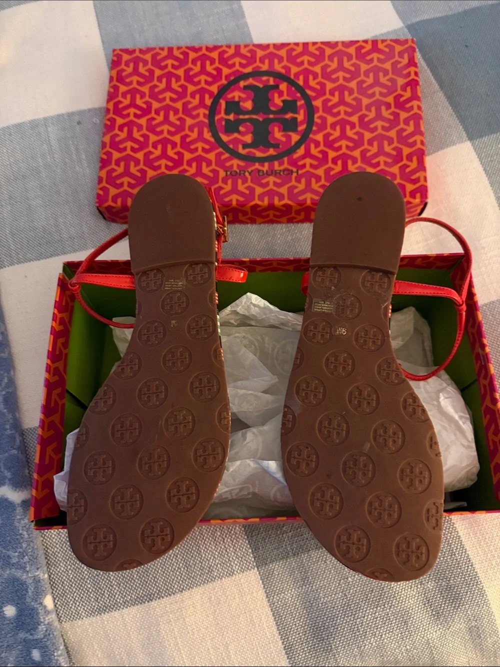 Tory Burch Red Striped T-Strap Sandals